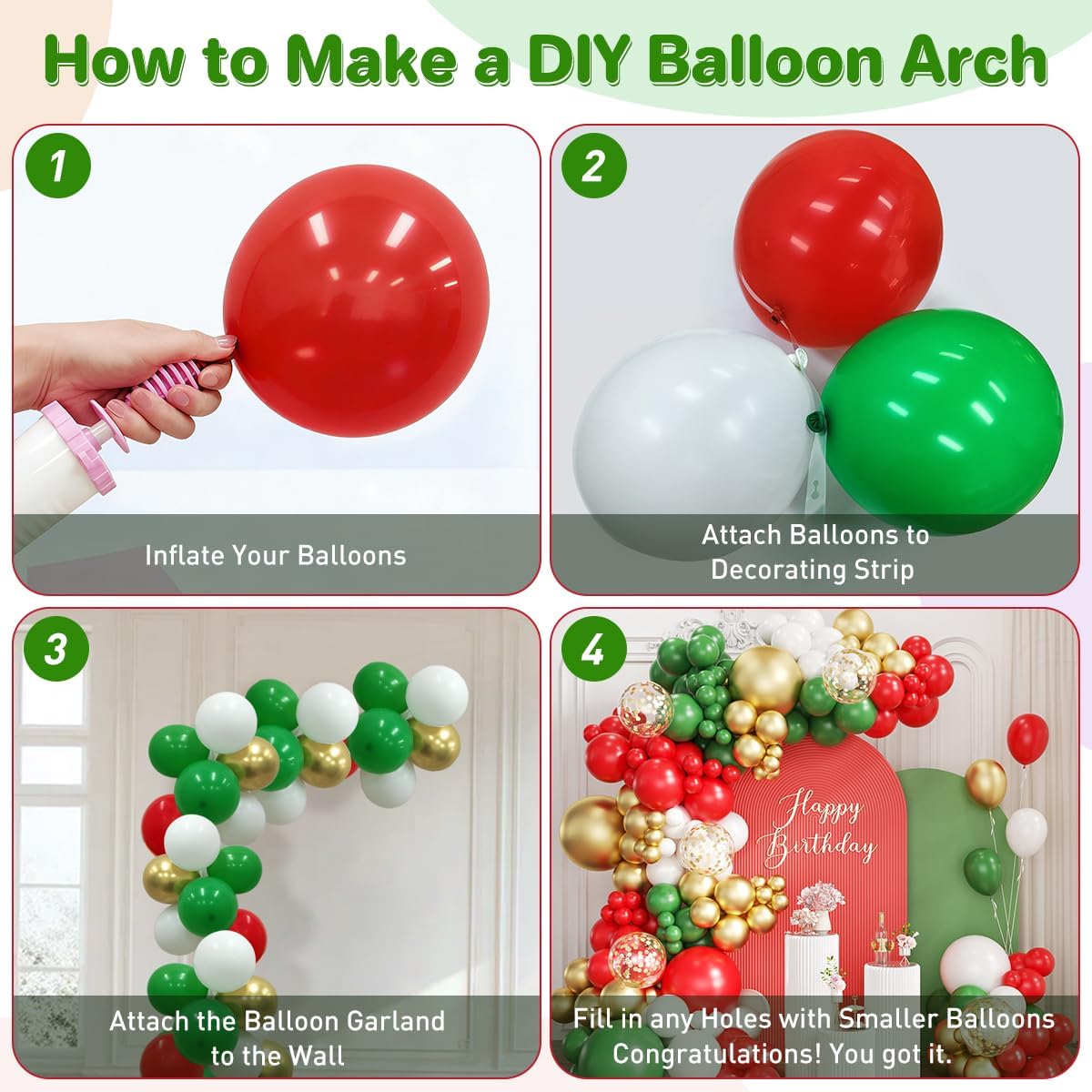 Red White Green and Gold Ballo - Balloon Arch Kit 评论和价格